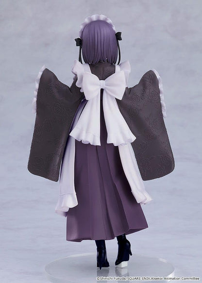 Figure Pop Up Parade di Marin Kitagawa da My Dress-Up Darling in versione School Festival. La ragazza indossa un elegante abito wa-maid, che unisce un kimono scuro con rose in rilievo a un grembiule bianco con volant.