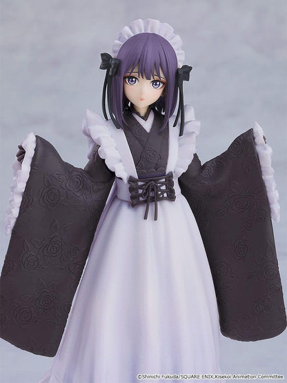 Figure Pop Up Parade di Marin Kitagawa da My Dress-Up Darling in versione School Festival. La ragazza indossa un elegante abito wa-maid, che unisce un kimono scuro con rose in rilievo a un grembiule bianco con volant.