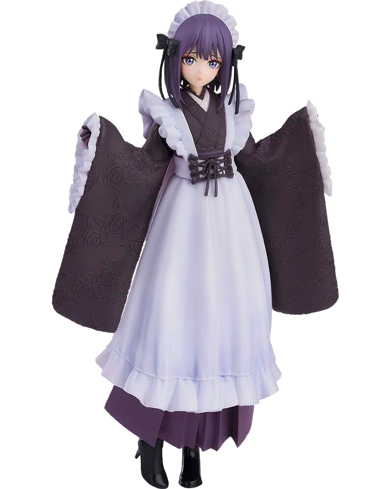Figure Pop Up Parade di Marin Kitagawa da My Dress-Up Darling in versione School Festival. La ragazza indossa un elegante abito wa-maid, che unisce un kimono scuro con rose in rilievo a un grembiule bianco con volant.