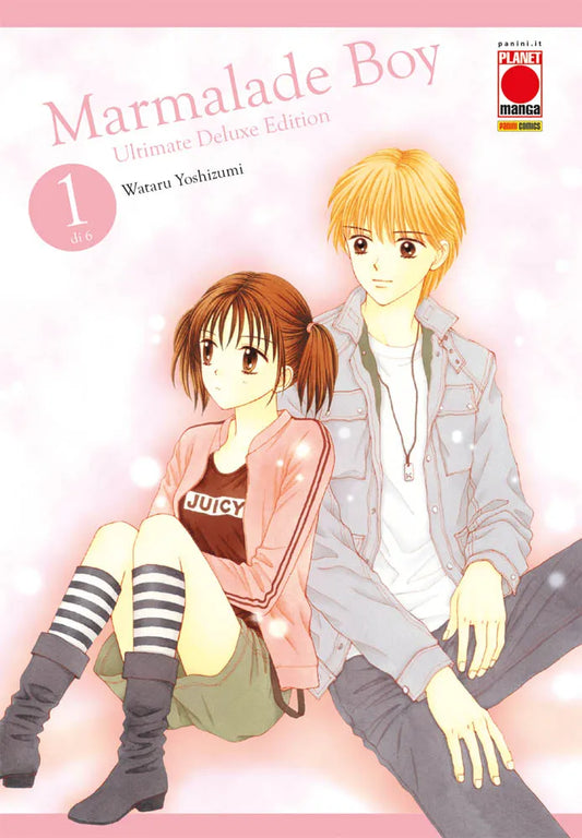 Copertina del primo volume del manga 'Marmalade Boy Ultimate Deluxe Edition' di Wataru Yoshizumi, edito da Panini Planet Manga. L'illustrazione ritrae Miki con giacca rosa e codine seduta accanto a Yu dai capelli biondi in giacca di jeans su uno sfondo rosa con riflessi di luce, sormontati dal titolo e dalla dicitura '1 di 6'.