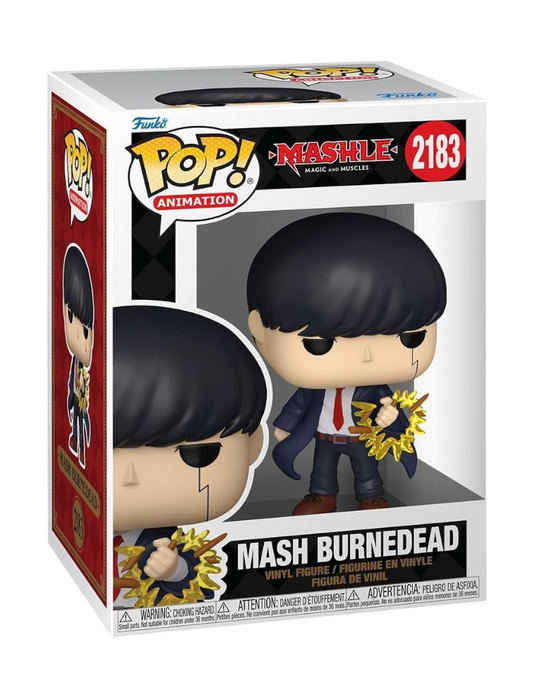 Figure in vinile Funko Pop! numero 2183 raffigurante Mash Burnedead della serie anime Mashle: Magic and Muscles, presentata all'interno della sua scatola originale bianca e rossa. Il Pop! mostra Mash con il suo tipico taglio a scodella e il segno nero simile a una cicatrice sotto l'occhio sinistro. Indossa la divisa scolastica con mantello scuro e cravatta rossa, e tiene nella mano sinistra dei pezzi frantumati di quello che sembra un cerchio magico dorato.