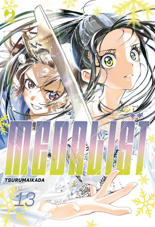 Copertina del manga Medalist Vol. 13; a destra la protagonista Inori guarda in alto con speranza, a sinistra un'altra pattinatrice guarda intensamente attraverso la lama di un pattino. Sfondo con fiocchi di neve dorati.
