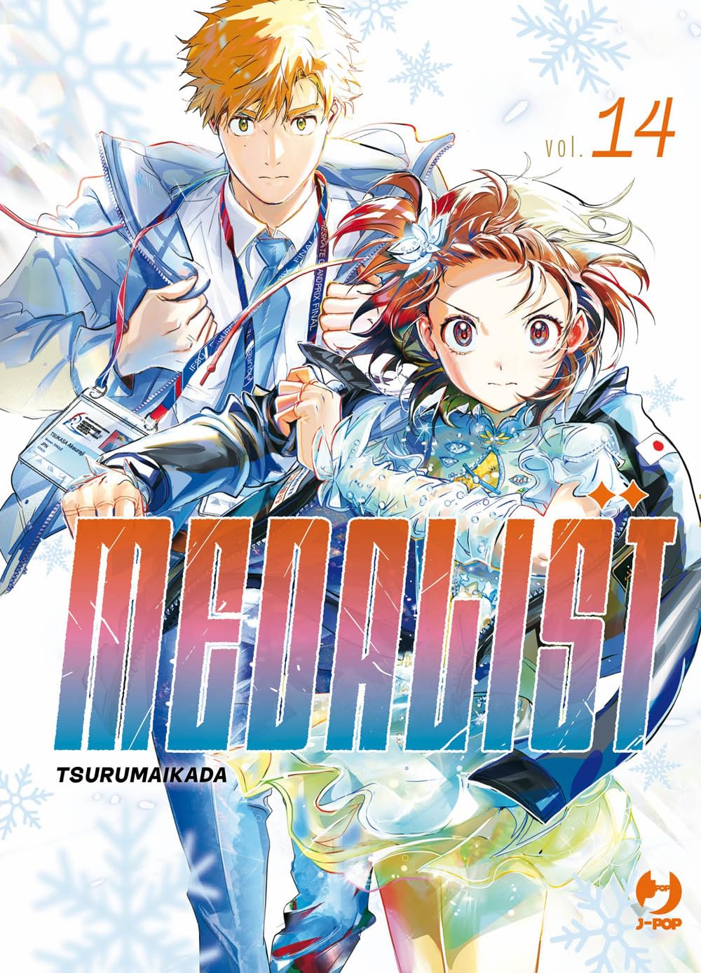 Copertina del quattordicesimo volume del manga Medalist, che mostra in primo piano la giovane pattinatrice Inori in uno sfavillante costume da gara azzurro e il suo allenatore Tsukasa subito dietro mentre le sistema la giacca, su uno sfondo bianco decorato da fiocchi di neve.