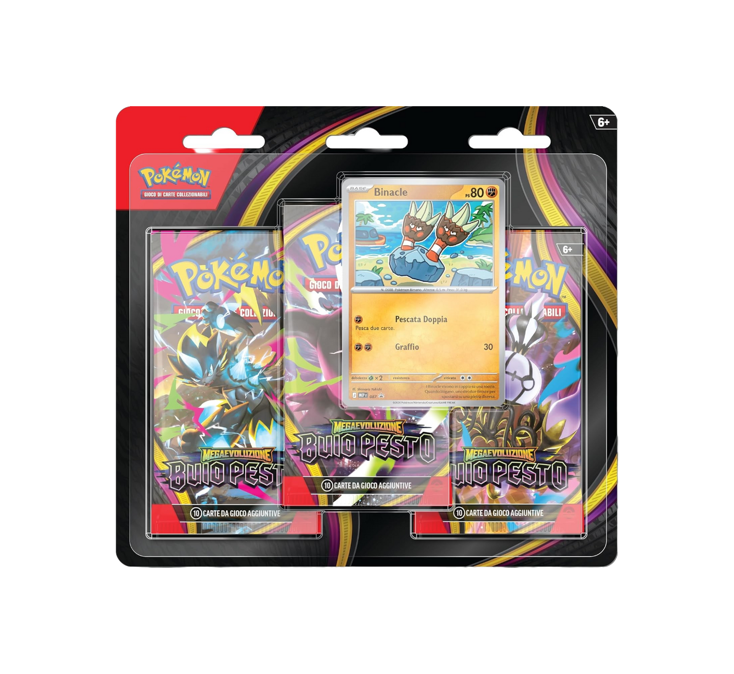 Confezione blister da tre buste del GCC Pokémon dell'espansione Megaevoluzione - Buio Pesto in italiano, contenente tre bustine con le grafiche di Zeraora, Darkrai e Chandelure, e una carta promozionale olografica di Binacle in primo piano al centro.