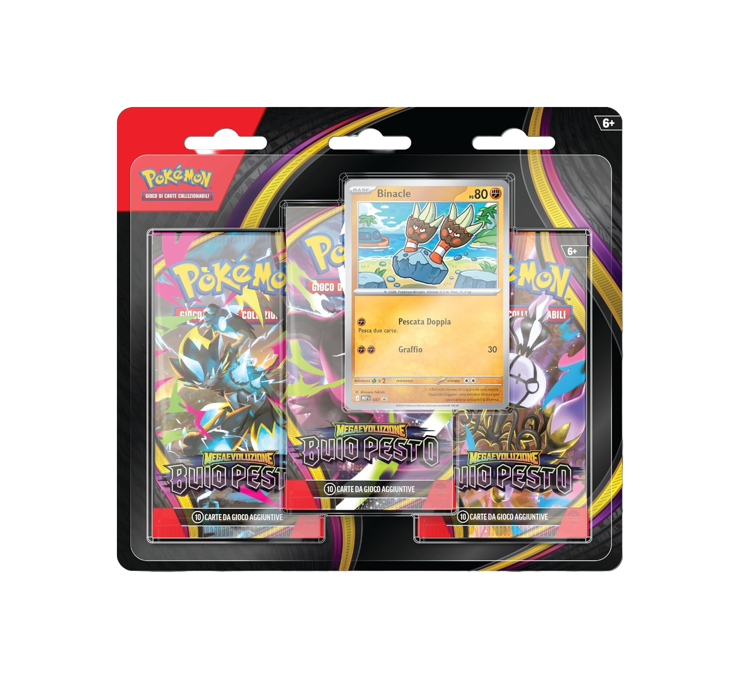 Confezione blister da tre buste del GCC Pokémon dell'espansione Megaevoluzione - Buio Pesto in italiano, contenente tre bustine con le grafiche di Zeraora, Darkrai e Chandelure, e una carta promozionale olografica di Binacle in primo piano al centro.