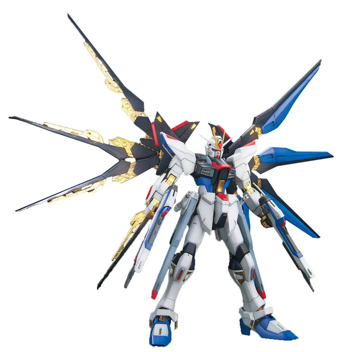 Il model kit assemblato del MG Strike Freedom Gundam in posa statica ma imponente, con le iconiche ali blu e nere ripiegate e, soprattutto, le articolazioni dello scheletro interno che brillano di una finitura dorata metallizzata.