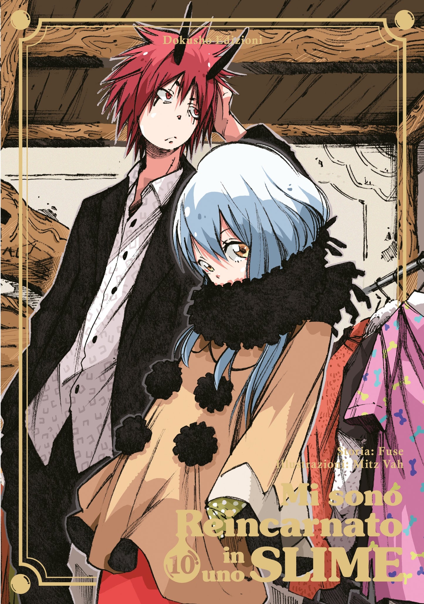 Copertina in edizione variant limitata della light novel Mi sono Reincarnato in uno Slime Vol. 10, incorniciata da dettagli dorati. Mostra in primo piano Rimuru Tempest in forma umana con capelli azzurri, una giacca beige e un'ampia sciarpa nera, affiancato da Benimaru con capelli rossi, corna nere e giacca scura.