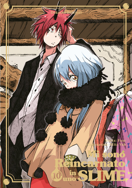 Copertina in edizione variant limitata della light novel Mi sono Reincarnato in uno Slime Vol. 10, incorniciata da dettagli dorati. Mostra in primo piano Rimuru Tempest in forma umana con capelli azzurri, una giacca beige e un'ampia sciarpa nera, affiancato da Benimaru con capelli rossi, corna nere e giacca scura.