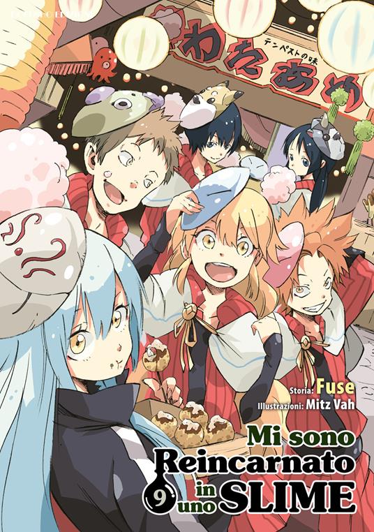 Rimuru Tempest in primo piano sulla copertina del volume 9, circondato dai suoi giovani allievi (i bambini evocati) che indossano abiti tradizionali e maschere da festival (come quella di Ranga), sotto una luminosa fila di lanterne di carta.