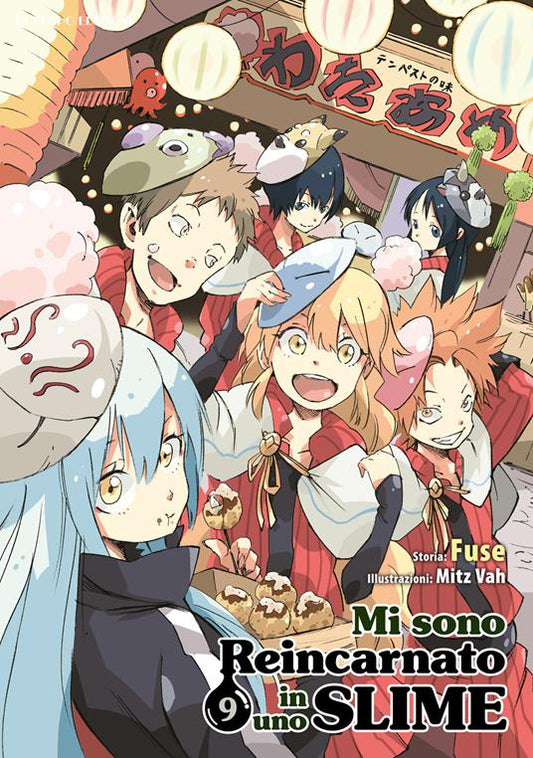 Rimuru Tempest in primo piano sulla copertina del volume 9, circondato dai suoi giovani allievi (i bambini evocati) che indossano abiti tradizionali e maschere da festival (come quella di Ranga), sotto una luminosa fila di lanterne di carta.