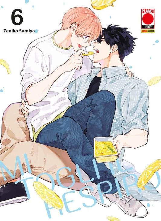 Shizuki e Yano in un momento di intimità giocosa sulla copertina del volume 6: Yano (capelli neri) morde una fetta di limone offerta da Shizuki (capelli chiari), mentre sono seduti vicini.