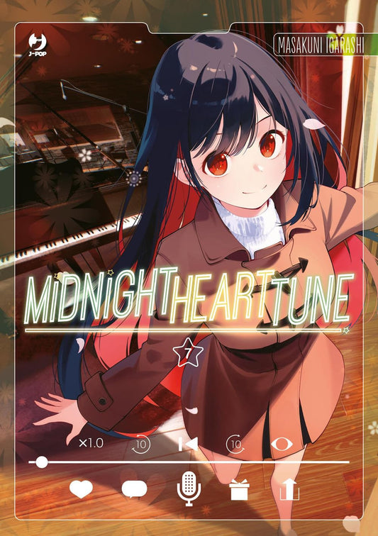 Copertina del manga Midnight Heart Tune Vol. 7; una ragazza con lunghi capelli scuri e grandi occhi rossi sorride indossando un cappotto marrone. Sullo sfondo si vede un pianoforte, e l'immagine presenta una grafica in sovraimpressione simile all'interfaccia di un player video.