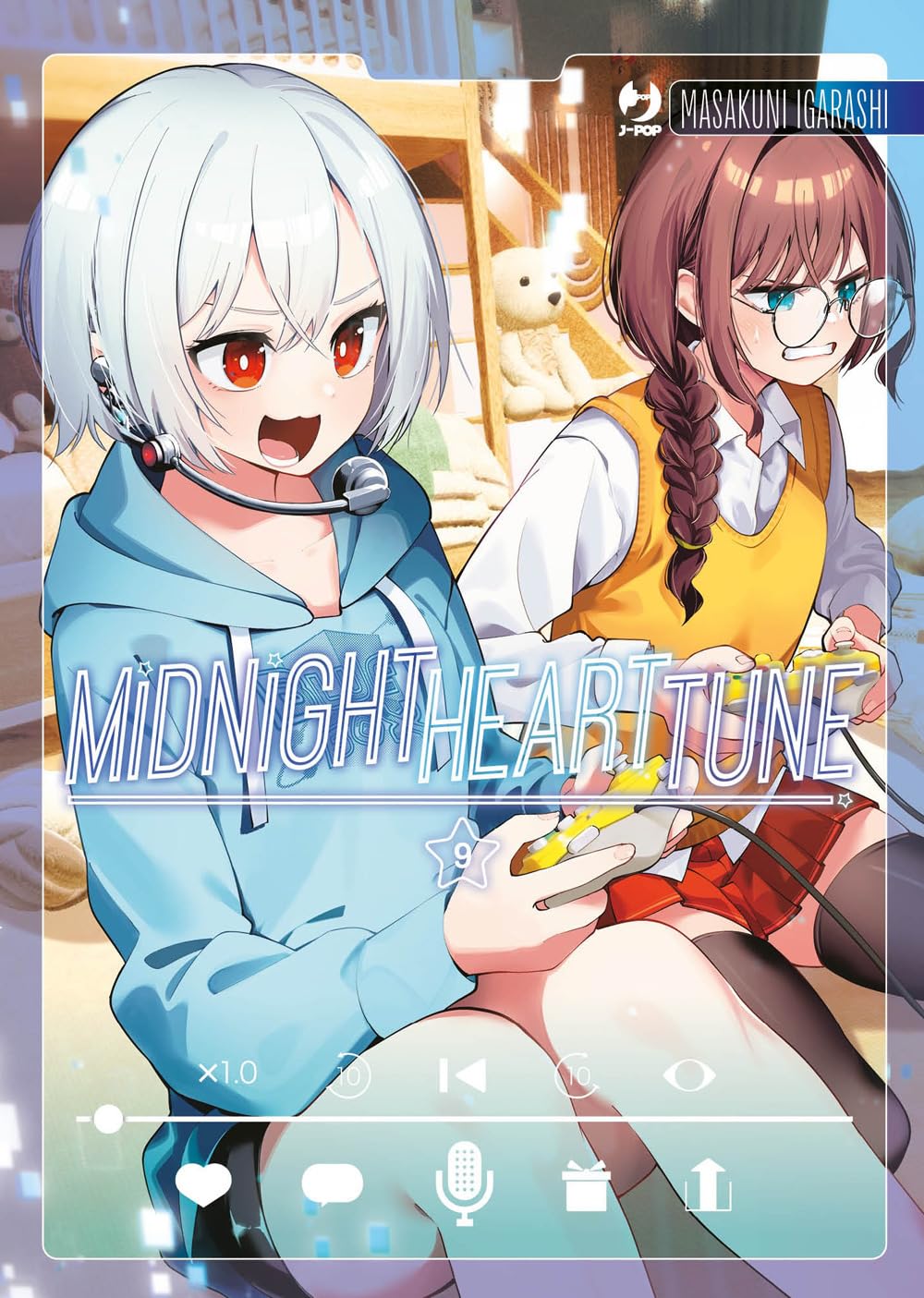 Copertina del nono volume del manga Midnight Heart Tune. In primo piano una ragazza con corti capelli bianchi e cuffie con microfono gioca entusiasta con un controller, affiancata da un'amica con gli occhiali e capelli castani a treccia, visibilmente tesa e concentrata durante la partita.