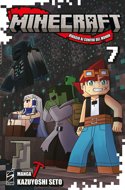Copertina del manga Minecraft Viaggio Ai Confini Del Mondo Vol. 7, con il protagonista Nico e i suoi amici di fronte al potente nemico: il Sorvegliante (The Warden).