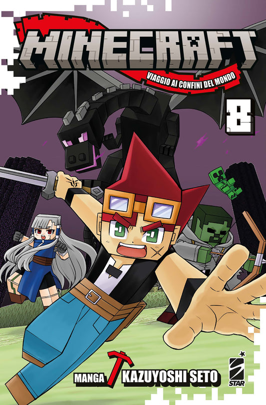 Copertina del manga "Minecraft - Viaggio Ai Confini Del Mondo Vol. 8" edito da Star Comics. Il protagonista Nico corre con una spada in mano mentre un enorme Enderdrago nero lo sovrasta dall'alto.