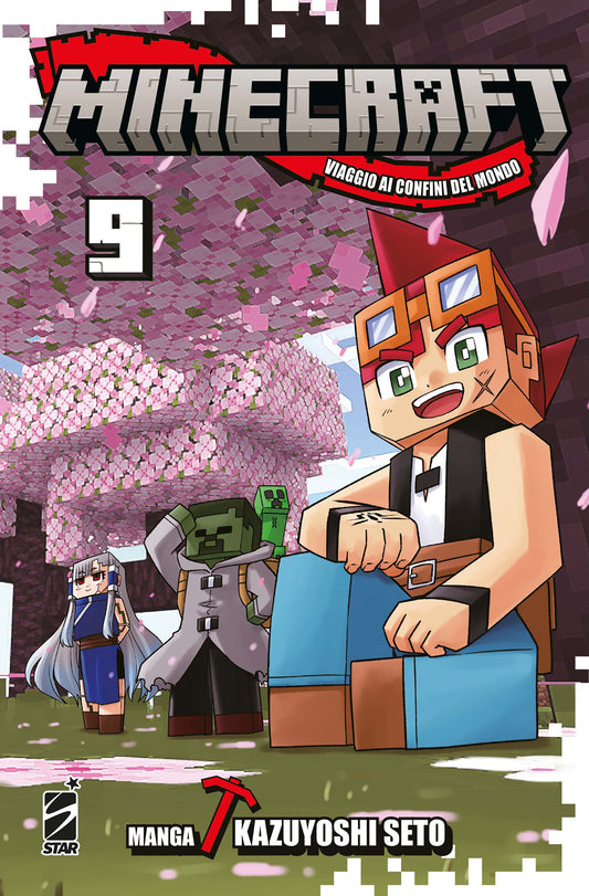 Copertina del manga Minecraft - Viaggio ai Confini del Mondo volume 9. In primo piano sulla destra compare il protagonista Nico, disegnato nello stile a blocchi del videogioco con capelli rossi e occhialoni da esploratore sulla testa. Sullo sfondo compaiono un personaggio zombie con un cappotto grigio e un piccolo creeper sulla schiena, e una ragazza dai capelli bianchi, immersi in un bioma a cubi con alberi di ciliegio dai petali rosa.