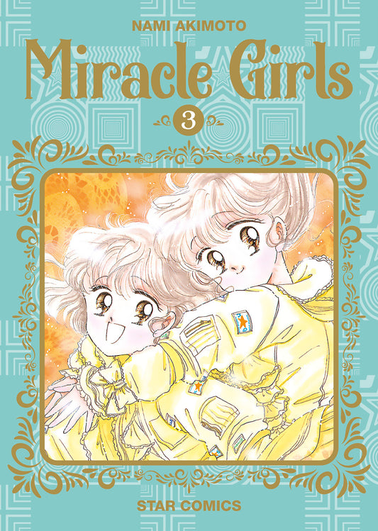 Copertina del terzo volume del manga 'Miracle Girls' di Nami Akimoto, edito da Star Comics. L'illustrazione racchiusa in una cornice dorata ritrae le gemelle Tomomi e Mikage sorridenti mentre si abbracciano vestite di giallo, su uno sfondo azzurro decorato con il numero 3.