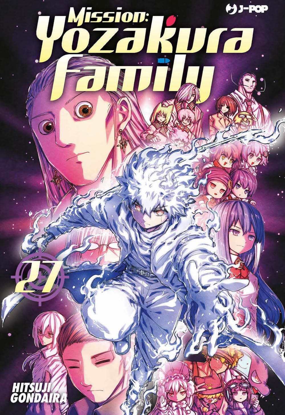 Copertina del manga Mission: Yozakura Family volume 27 edito da J-POP; l'illustrazione mostra il protagonista Taiyo Asano trasformato con capelli ed energia bianchi (True Spring Blooming), mentre sullo sfondo appaiono i volti dei fratelli Yozakura e del nemico Asa.