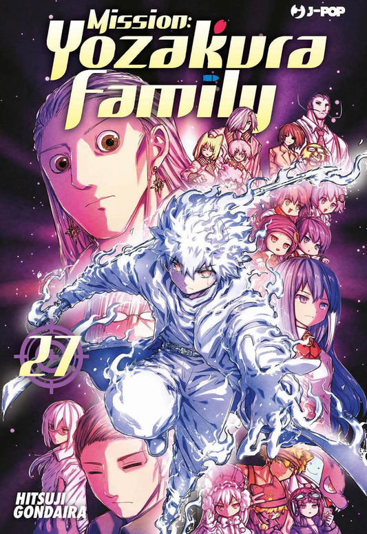 Copertina del manga Mission: Yozakura Family volume 27 edito da J-POP; l'illustrazione mostra il protagonista Taiyo Asano trasformato con capelli ed energia bianchi (True Spring Blooming), mentre sullo sfondo appaiono i volti dei fratelli Yozakura e del nemico Asa.