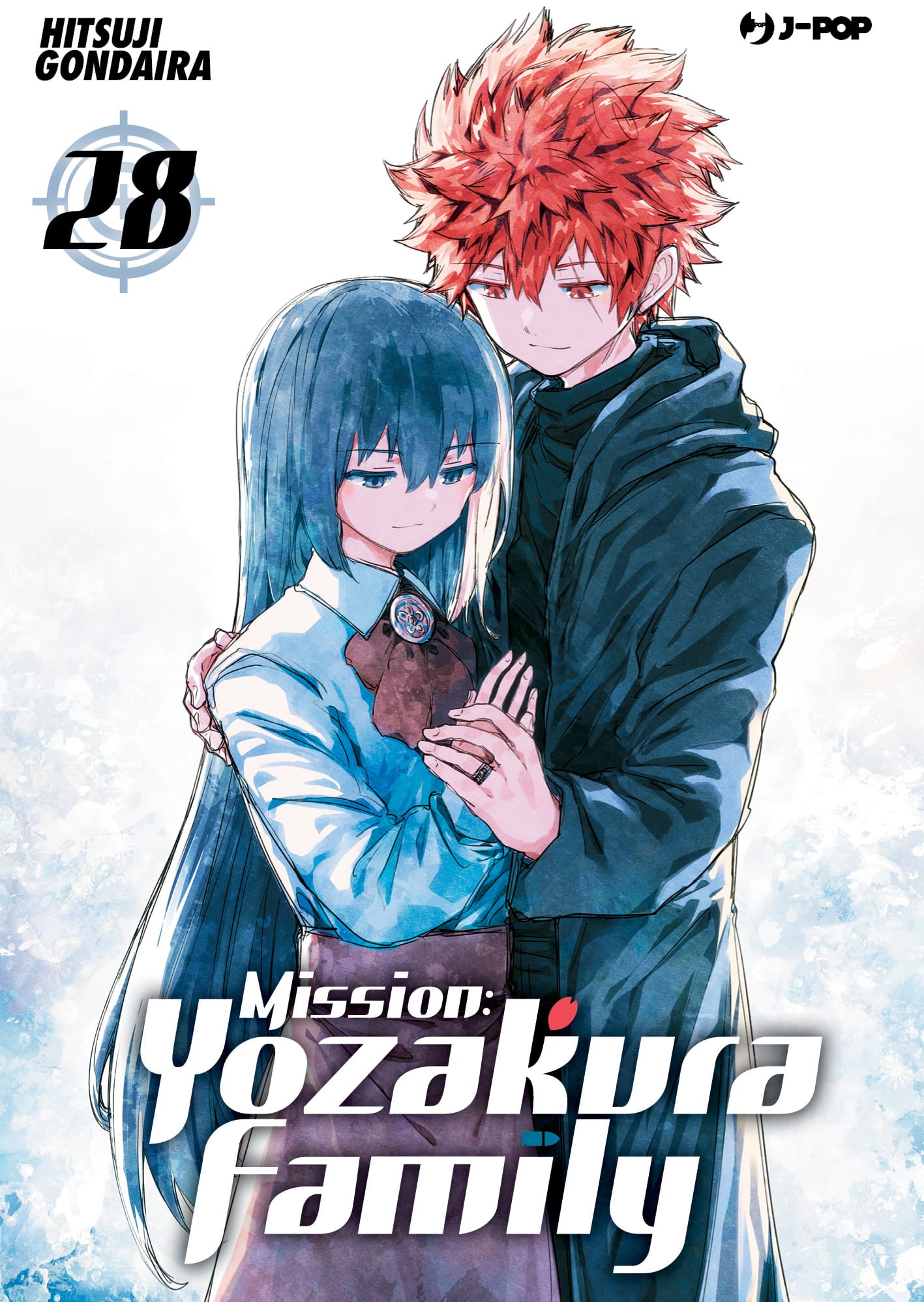 Copertina del manga Mission: Yozakura Family Vol. 28, edito da J-POP Manga. L'illustrazione, caratterizzata da toni delicati e uno sfondo acquerellato azzurro e bianco, mostra due giovani teneramente abbracciati. Un ragazzo con i capelli rossi spettinati e un lungo cappotto scuro tiene dolcemente le mani di una ragazza dai lunghissimi capelli azzurri, che indossa una camicia azzurra con un fiocco scuro e una gonna marrone.