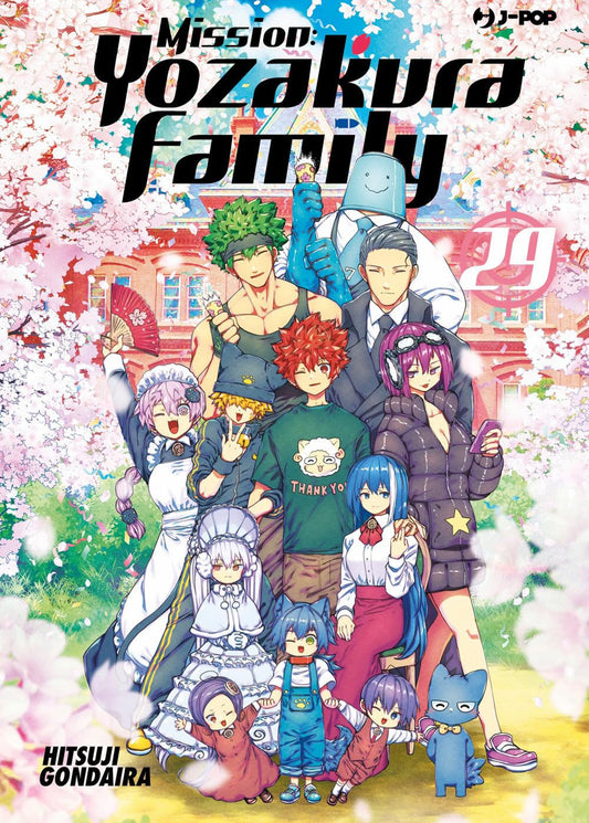 Copertina del manga Mission: Yozakura Family vol. 29. L'intera famiglia Yozakura ritratta sorridente e riunita sotto un cielo primaverile con alberi di ciliegio in fiore.