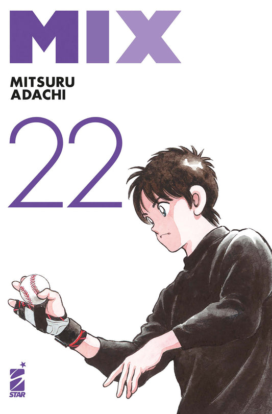 Copertina del manga Mix Vol. 22 edito da Star Comics. Su uno sfondo bianco pulito, campeggia l'illustrazione di un giovane ragazzo con i capelli scuri e una maglia nera a maniche lunghe. Il ragazzo osserva concentrato una palla da baseball che tiene nella mano sinistra, la quale è avvolta in un guanto sportivo protettivo. In alto a sinistra spiccano il titolo "MIX" a grandi lettere viola e il nome dell'autore Mitsuru Adachi in nero. Subito sotto, il numero 22 è disegnato con un contorno viola. In basso a si