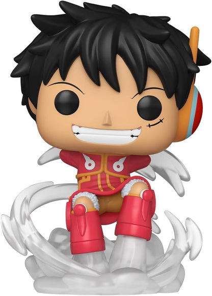 Funko POP! PLUS numero 2138 di Monkey D. Luffy da One Piece, in posa d'attacco con un grande sorriso, circondato da effetti di vapore bianco (Gear Second) sulla base.