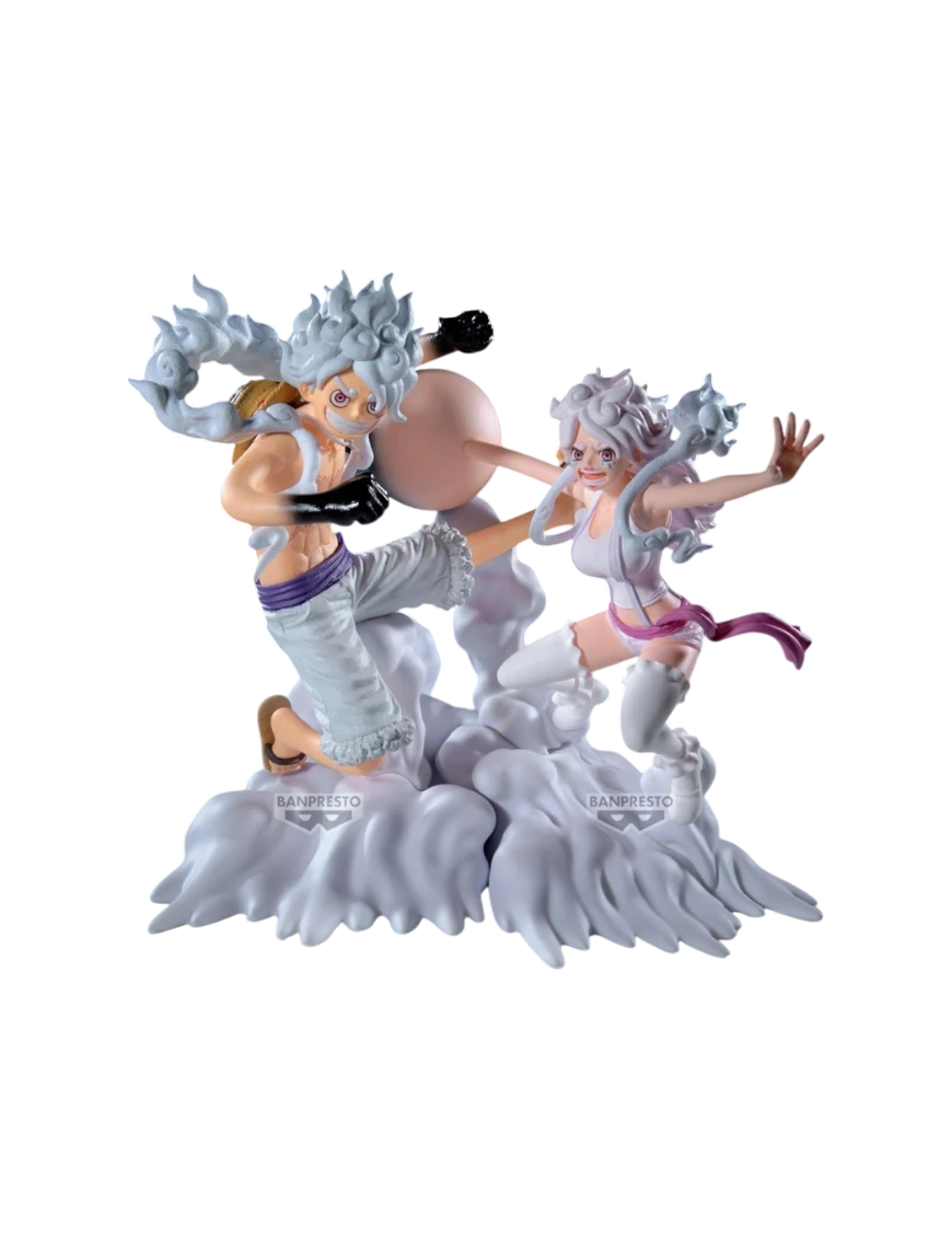Statuette figure di Monkey D. Luffy Gear 5 e Jewelry Bonney della linea Senkozekkei Banpresto.