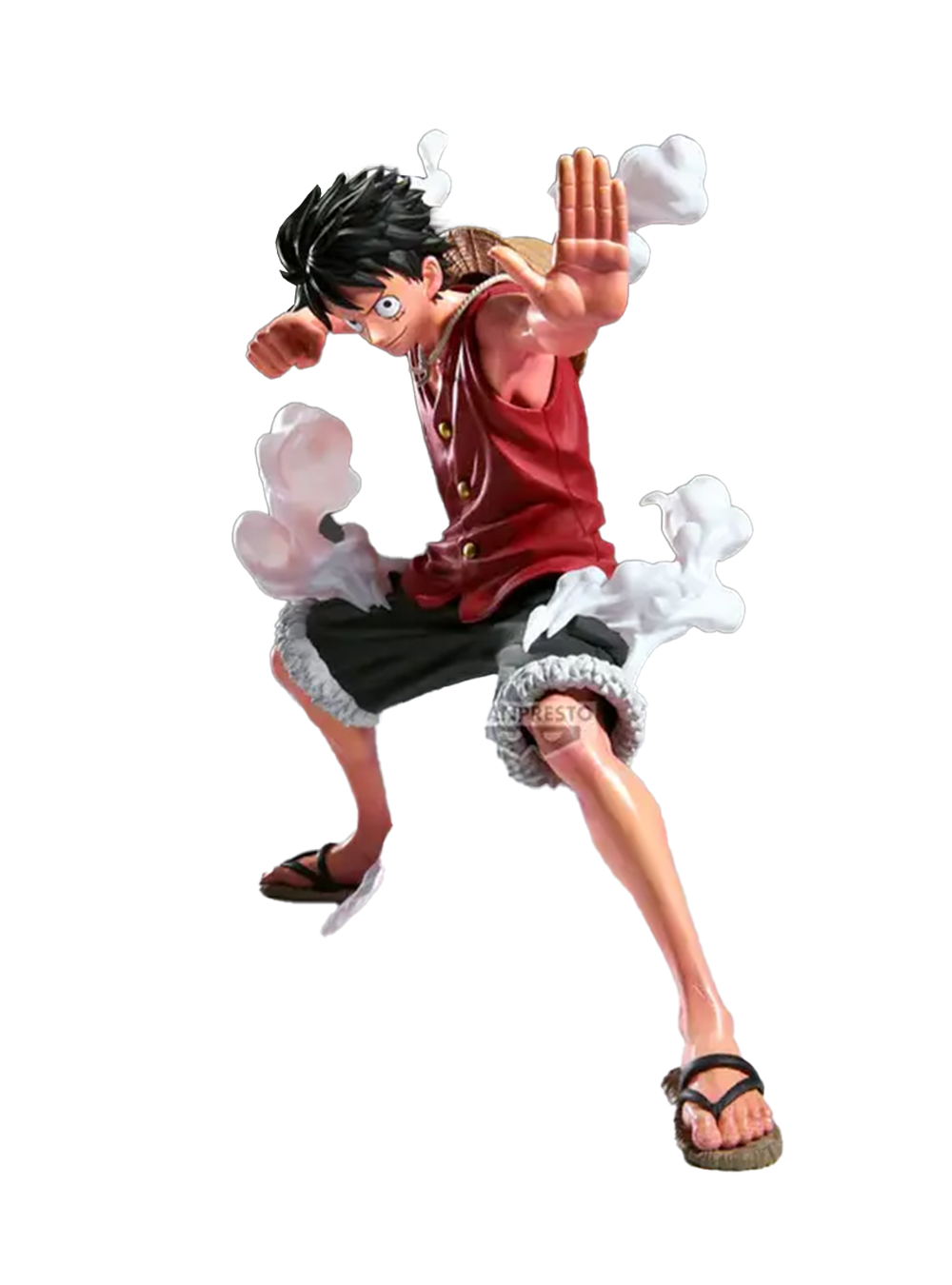 Figure da collezione di Monkey D. Luffy dalla serie anime One Piece, appartenente alla linea Maximatic Plus prodotta da Banpresto, isolata su sfondo nero. Luffy è ritratto in una posa d'azione molto dinamica, con le gambe divaricate, la mano sinistra tesa in avanti e il pugno destro arretrato. Indossa il suo iconico gilet rosso, pantaloncini neri e sandali. La figure è arricchita da voluminosi effetti scultorei che riproducono nuvole di vapore bianco che si sprigionano e fluttuano attorno alle sue braccia.
