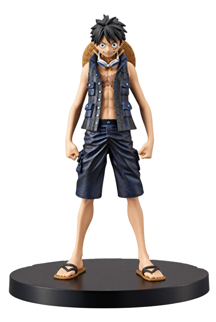 Statuetta da collezione in PVC di Monkey D. Luffy dalla linea DXF Movie di Banpresto, basata sull'anime One Piece. Luffy è raffigurato in piedi su una base circolare nera, vestito con un gilet smanicato in jeans scuro aperto sul petto con la cicatrice ben visibile, pantaloncini scuri, occhialini blu e bianchi al collo, il suo iconico cappello di paglia sulle spalle e infradito ai piedi, con un'espressione decisa e i pugni serrati lungo i fianchi.