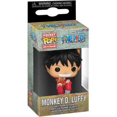Il Pocket POP! Keychain di Monkey D. Luffy (One Piece) appeso per l'anello portachiavi, che mostra la mini figure in vinile del personaggio con cappello di paglia e abito classico.