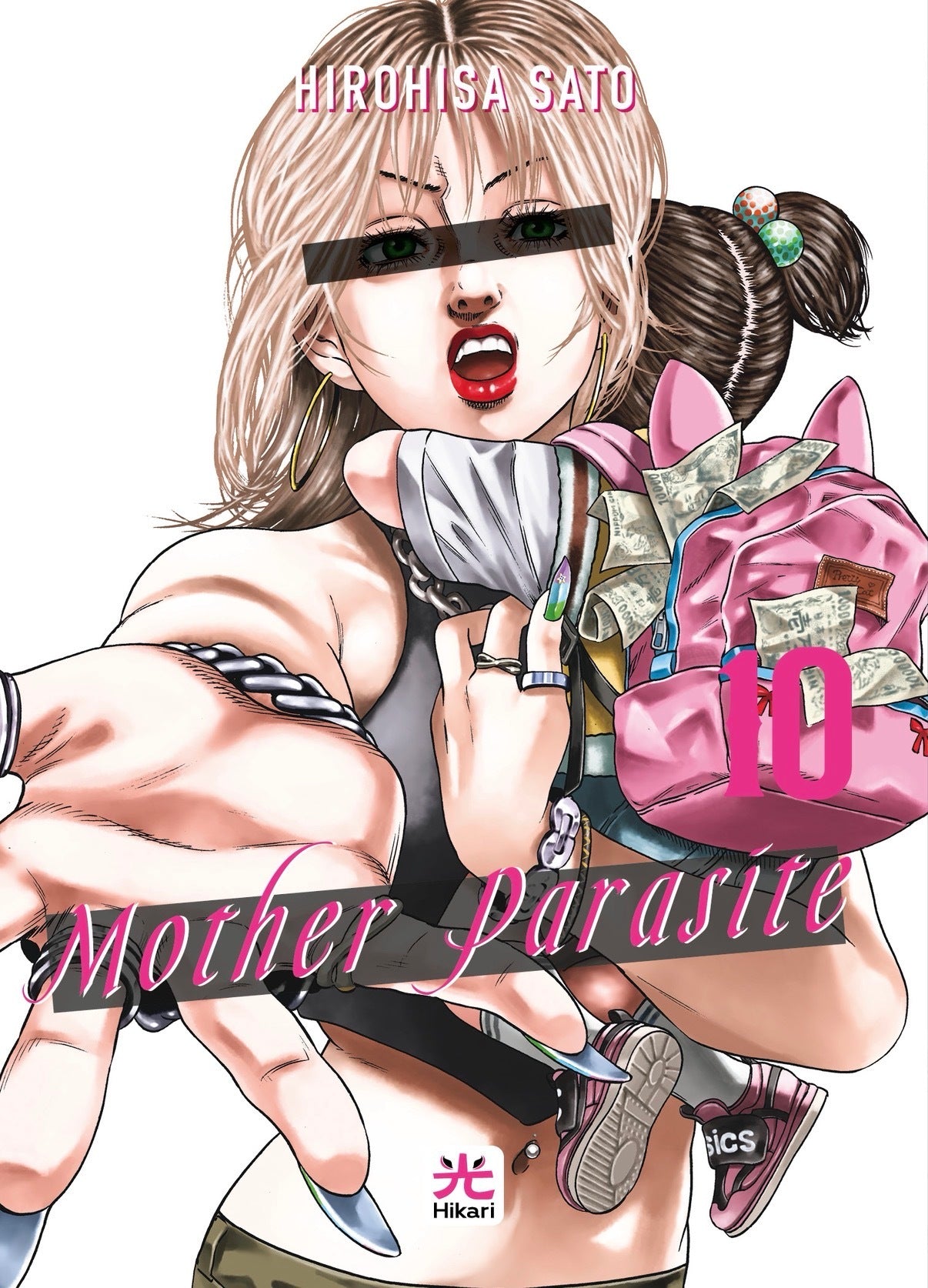 Copertina di Mother Parasite 10. Una donna bionda con trucco marcato protende la mano verso l'osservatore tenendo uno zainetto pieno di soldi.