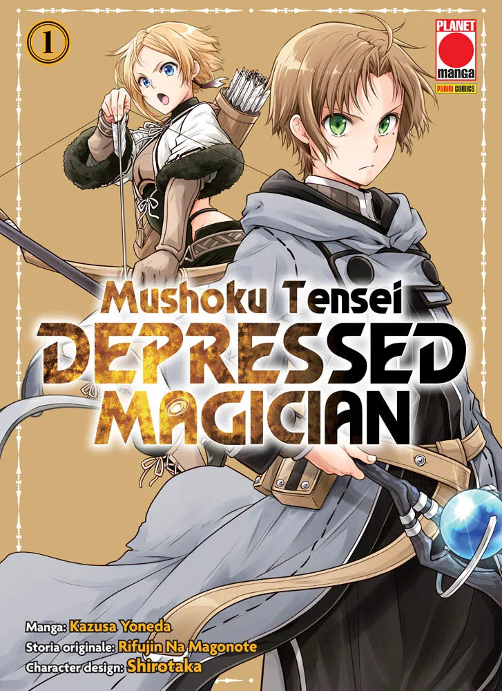 Copertina del primo volume del manga Mushoku Tensei - Depressed Magician. In primo piano sulla destra si trova il protagonista Rudeus, un ragazzo con i capelli castano-chiari e gli occhi verdi che indossa un mantello grigio mentre impugna il suo bastone magico dotato di una sfera azzurra. Sullo sfondo a sinistra compare una ragazza bionda in abiti da cacciatrice con un arco teso e una faretra sulla schiena. Al centro campeggia il titolo dell'opera e in alto a destra è presente il logo di Planet Manga.