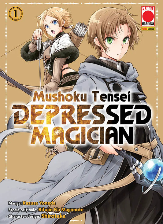 Copertina del primo volume del manga Mushoku Tensei - Depressed Magician. In primo piano sulla destra si trova il protagonista Rudeus, un ragazzo con i capelli castano-chiari e gli occhi verdi che indossa un mantello grigio mentre impugna il suo bastone magico dotato di una sfera azzurra. Sullo sfondo a sinistra compare una ragazza bionda in abiti da cacciatrice con un arco teso e una faretra sulla schiena. Al centro campeggia il titolo dell'opera e in alto a destra è presente il logo di Planet Manga.