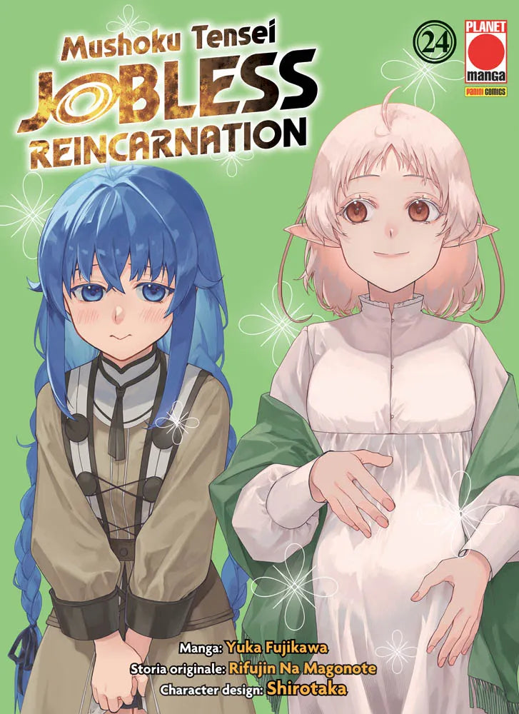 Copertina del ventiquattresimo volume del manga 'Mushoku Tensei - Jobless Reincarnation' edito da Panini Planet Manga. L'illustrazione su sfondo verde chiaro con motivi floreali bianchi ritrae a sinistra Roxy Migurdia dai lunghi capelli blu intrecciati con un'espressione timida, affiancata a destra da Sylphiette con orecchie da elfa in abito bianco premaman con scialle verde mentre si tocca dolcemente la pancia, sovrastate dal titolo della serie, dal numero 24 e dal logo Planet Manga.