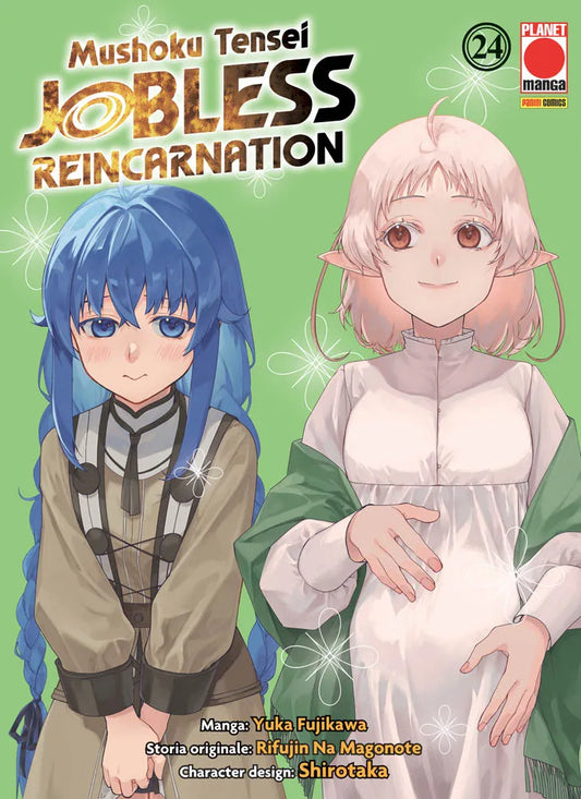 Copertina del ventiquattresimo volume del manga 'Mushoku Tensei - Jobless Reincarnation' edito da Panini Planet Manga. L'illustrazione su sfondo verde chiaro con motivi floreali bianchi ritrae a sinistra Roxy Migurdia dai lunghi capelli blu intrecciati con un'espressione timida, affiancata a destra da Sylphiette con orecchie da elfa in abito bianco premaman con scialle verde mentre si tocca dolcemente la pancia, sovrastate dal titolo della serie, dal numero 24 e dal logo Planet Manga.