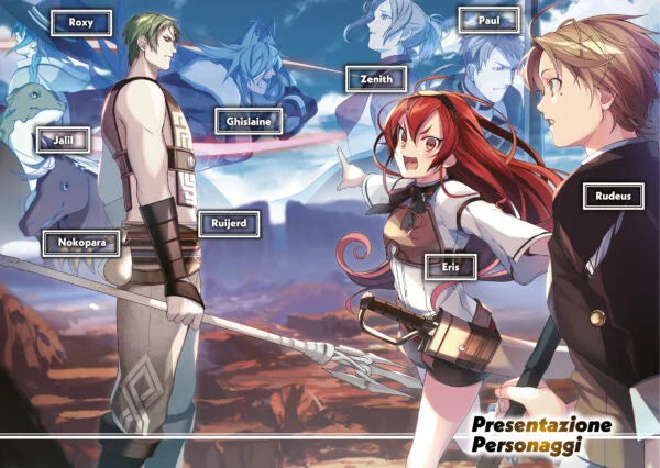 Copertina della Light Novel Mushoku Tensei Vol. 3; in primo piano Rudeus con il bastone magico ed Eris con la spada guardano con sospetto, dietro di loro svetta un guerriero dai capelli verdi con una lancia e una gemma sulla fronte (Ruijerd).