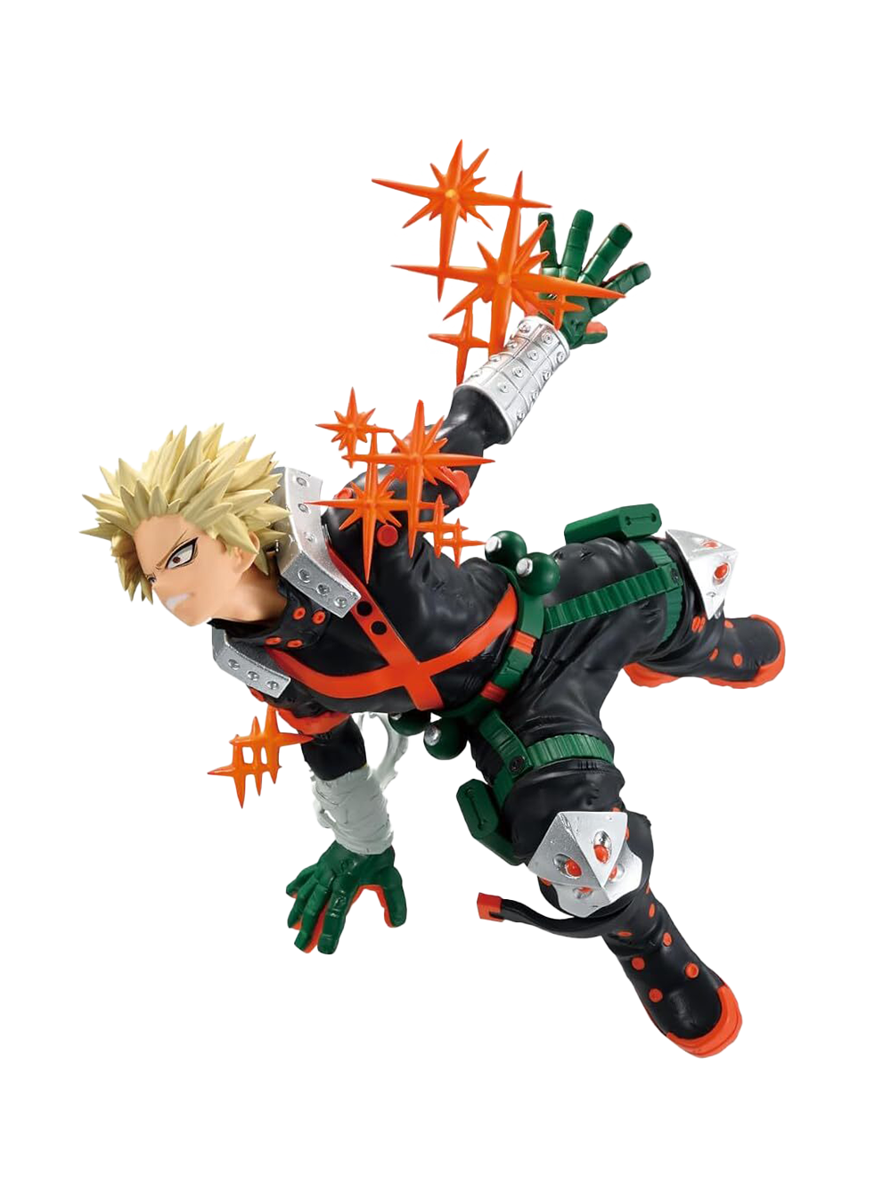 Action figure Banpresto di Katsuki Bakugo da My Hero Academia; il personaggio è in una posa dinamica aerea, indossa il costume da eroe nero e verde e ha effetti di esplosione arancioni a forma di stella che escono dalle mani.