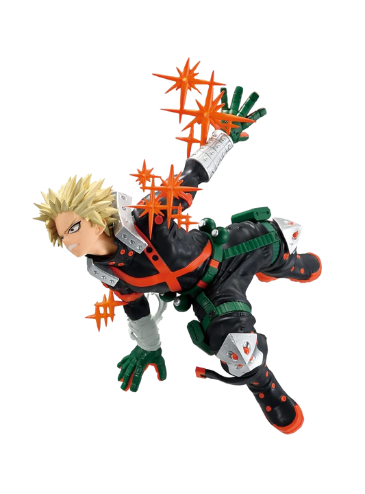 Action figure Banpresto di Katsuki Bakugo da My Hero Academia; il personaggio è in una posa dinamica aerea, indossa il costume da eroe nero e verde e ha effetti di esplosione arancioni a forma di stella che escono dalle mani.