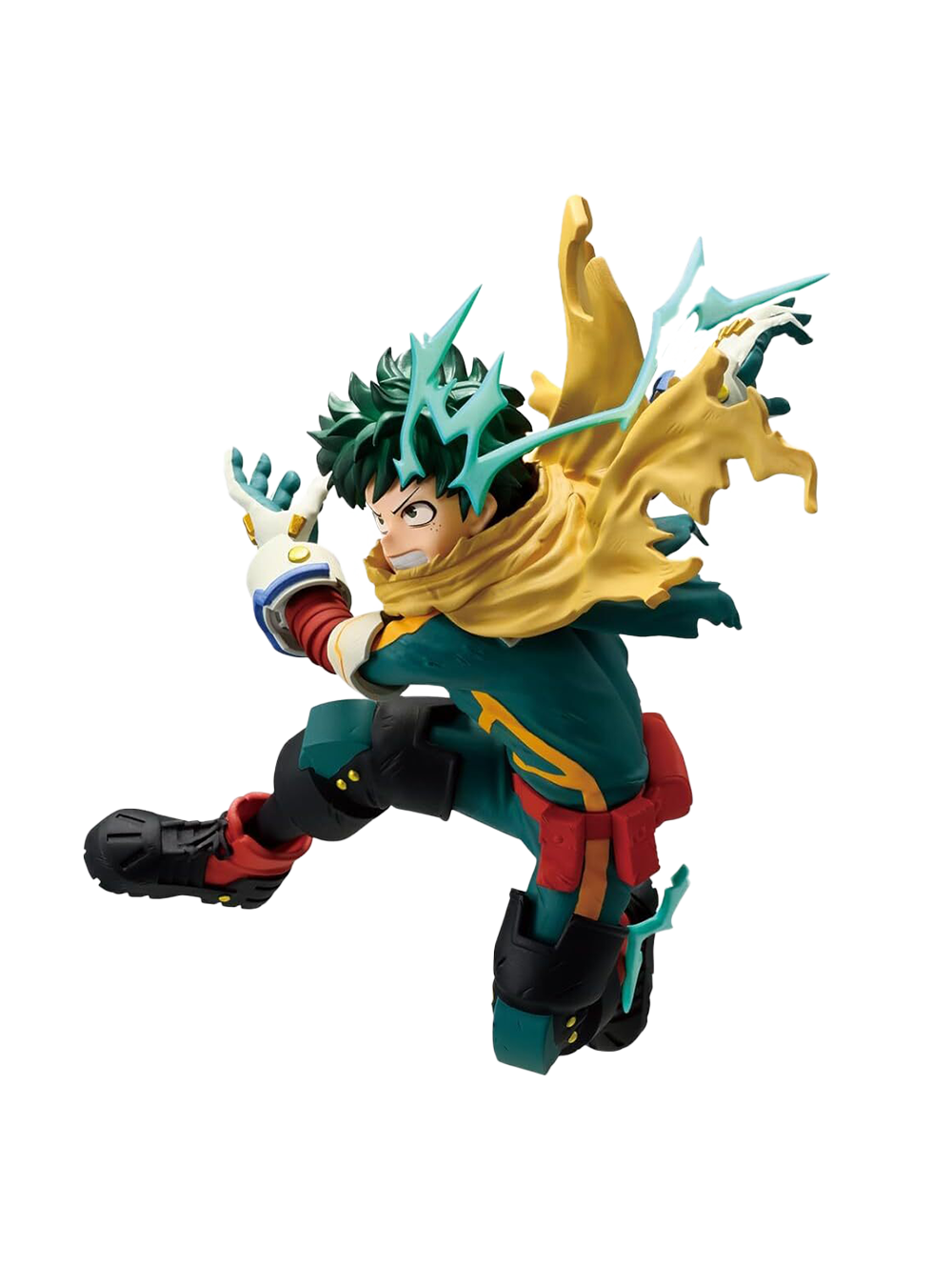 Action figure Banpresto di Izuku Midoriya (Deku) da My Hero Academia linea The Amazing Heroes Plus; il personaggio è in aria con una cappa gialla lacera e fulmini blu che escono dagli occhi/maschera.