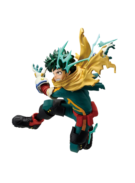 Action figure Banpresto di Izuku Midoriya (Deku) da My Hero Academia linea The Amazing Heroes Plus; il personaggio è in aria con una cappa gialla lacera e fulmini blu che escono dagli occhi/maschera.