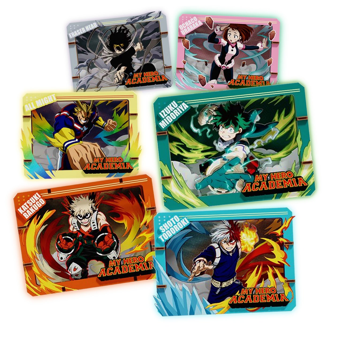 Sei diversi mini artwork rettangolari in legno della collezione My Hero Academia Wooden Gallery, disposti su due file da tre su sfondo bianco. Ogni quadretto mostra un personaggio dell'anime in una posa d'azione dinamica, circondato da effetti visivi e da una cornice colorata abbinata al suo stile: Izuku Midoriya (verde), All Might (giallo), Eraser Head (grigio), Katsuki Bakugo (arancione), Shoto Todoroki (azzurro) e Ochaco Uraraka (rosa). In basso a destra di ciascun pannello spicca il logo di My Hero Acad