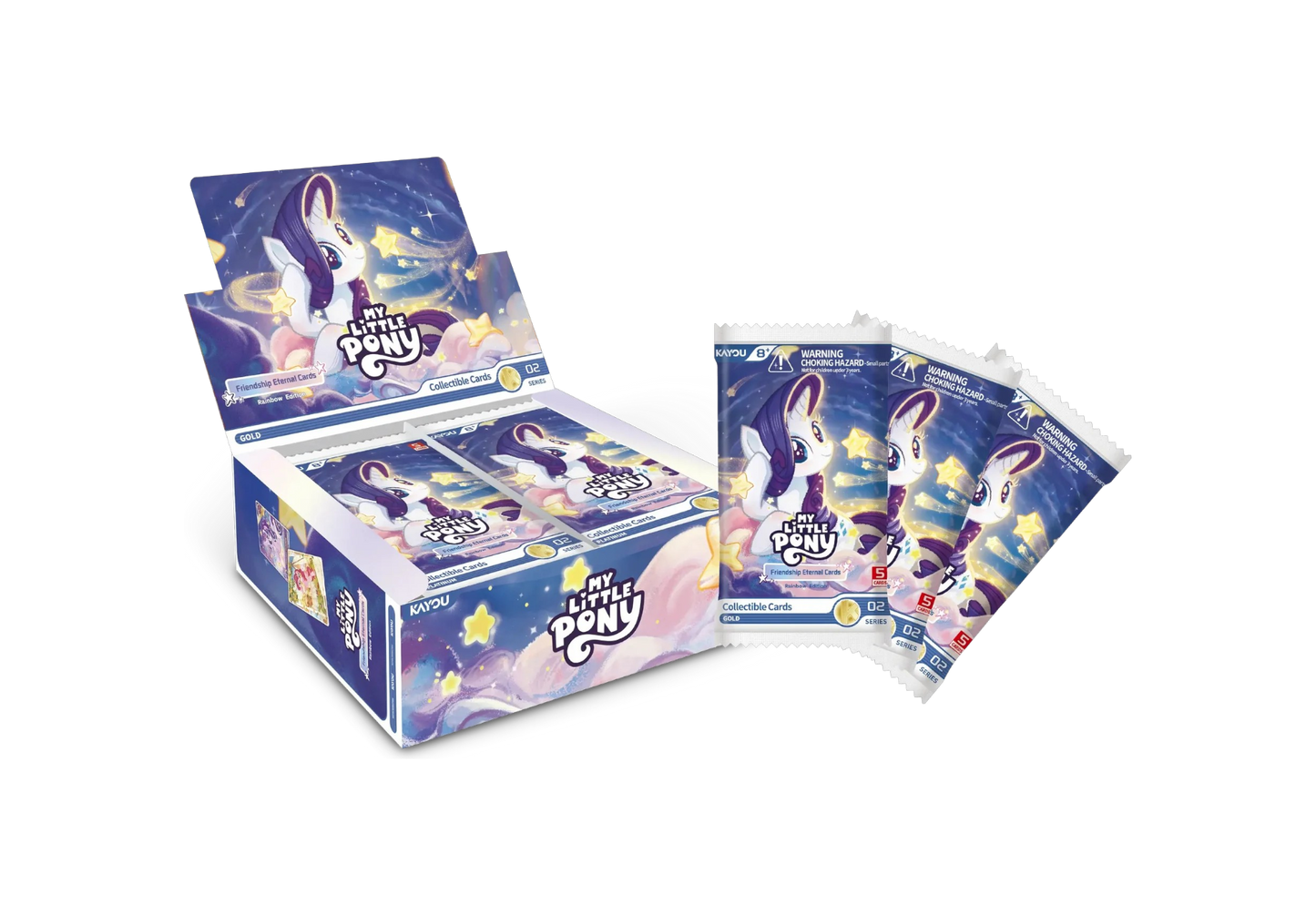 Box espositore aperto e tre bustine singole del set di carte collezionabili My Little Pony: Friendship Eternal Cards - Rainbow Edition prodotte da Kayou su sfondo nero. Sia la scatola che i pacchetti presentano una sognante illustrazione del pony Rarity, bianca con una fluente criniera viola, seduta dolcemente tra morbide nuvole rosa e azzurre, circondata da luminose stelle gialle che creano una scia magica. Sulle confezioni sono ben visibili il logo di My Little Pony, il marchio Kayou, la dicitura "02 SERI
