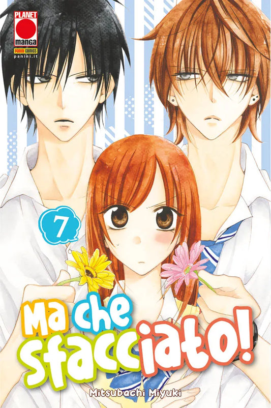 Copertina del settimo volume in italiano del manga shojo 'Ma Che Sfacciato! Namaikizakari' di Mitsubachi Miyuki, edito da Panini Planet Manga. L'illustrazione mostra in primo piano la protagonista Yuki Machida con i suoi capelli castano-ramati, stretta al centro tra due ragazzi: Shou Naruse a destra con capelli castano chiaro che le porge una gerbera rosa, e Shizuka Hakamada a sinistra con capelli neri e sguardo severo che le porge una gerbera gialla. In basso spicca il titolo 'Ma che Sfacciato!'.