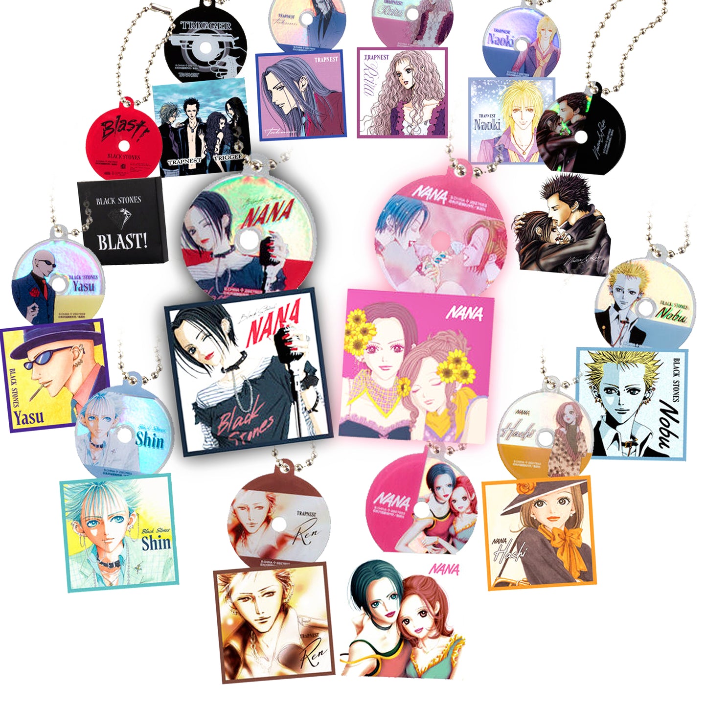 Poster promozionale Bandai dei gashapon di Nana con i 14 ciondoli in acrilico collezionabili a forma di mini CD e custodie dei Black Stones e dei Trapnest.