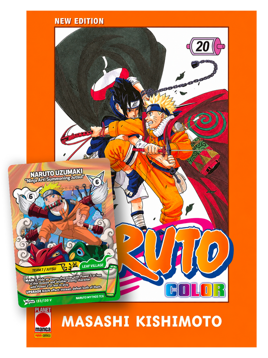 Copertina del ventesimo volume del manga 'Naruto Color New Edition' di Masashi Kishimoto, edito da Panini Planet Manga su sfondo arancione. L'illustrazione principale mostra Naruto Uzumaki e Sasuke Uchiha in posa da combattimento, affiancata in basso a sinistra dall'esclusiva carta promozionale da collezione 'Naruto Uzumaki - Ninja Art! Summoning Jutsu!' del gioco di carte Naruto Mythos TCG.