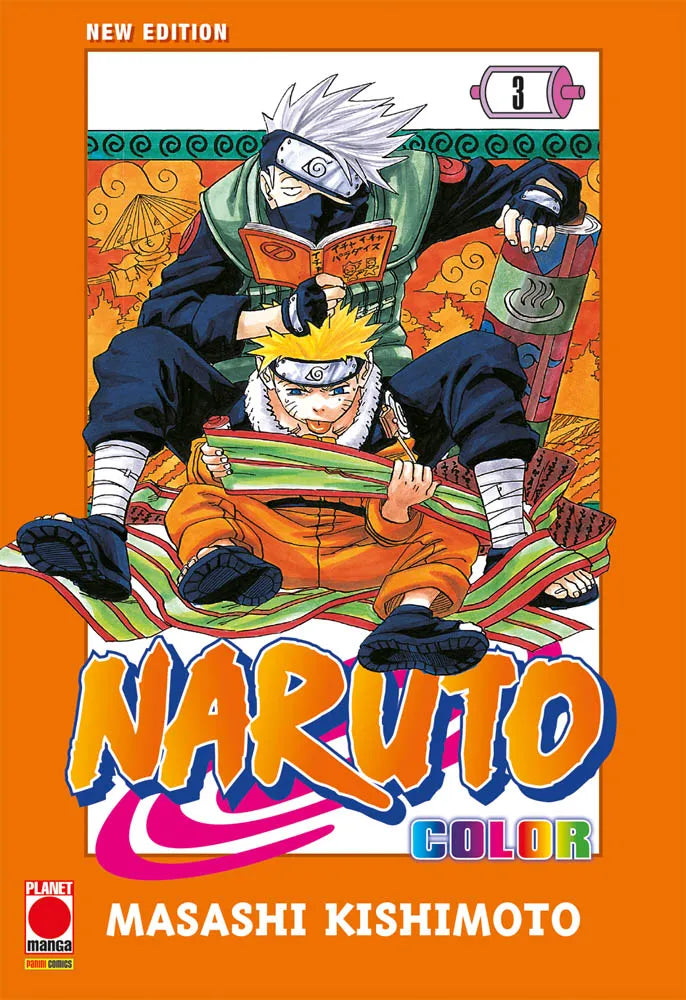 Copertina del terzo volume del manga Naruto Color New Edition di Masashi Kishimoto. All'interno di una grande cornice arancione, l'illustrazione mostra il maestro Kakashi Hatake con i capelli bianchi e la maschera mentre legge un libretto arancione, seduto alle spalle di un giovane Naruto Uzumaki. Naruto indossa la sua classica tuta arancione e mostra la lingua mentre srotola una pergamena verde e rossa. In basso spicca il titolo dell'opera "NARUTO COLOR" in lettere sfumate.