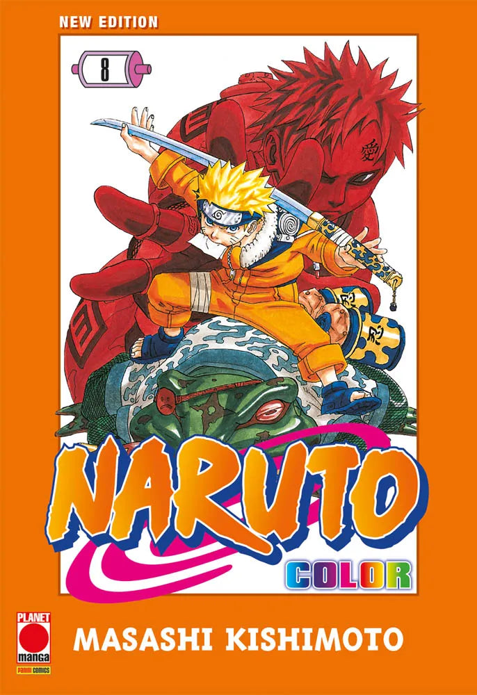 Copertina dell'ottavo volume in italiano del manga 'Naruto Color New Edition' di Masashi Kishimoto, edito da Planet Manga. L'illustrazione mostra in primo piano Naruto Uzumaki in abito arancione accucciato sopra un grande rospo verde con una spada sguainata, mentre alle sue spalle svetta l'imponente e minacciosa figura di Gaara della Sabbia in tonalità rosse, con cornice arancione, il numero 8 in alto a sinistra e il titolo NARUTO COLOR in giallo e azzurro in basso.