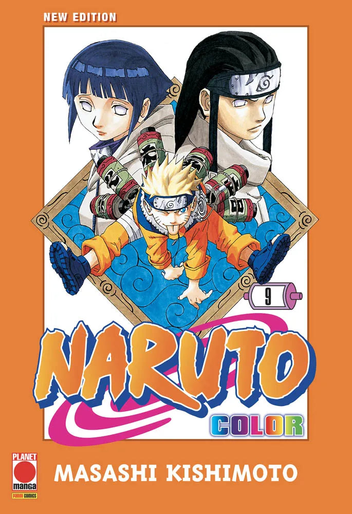 Copertina del nono volume dell'edizione interamente a colori del manga 'Naruto Color New Edition' di Masashi Kishimoto, edito da Panini Planet Manga. L'illustrazione con bordo arancione mostra in primo piano il protagonista Naruto Uzumaki accovacciato mentre fa una smorfia con la linguaccia, sormontato in secondo piano dai cugini Hinata Hyuga a sinistra e Neji Hyuga a destra. In basso spicca il grande titolo 'NARUTO COLOR' in arancione e viola, con il numero 9.
