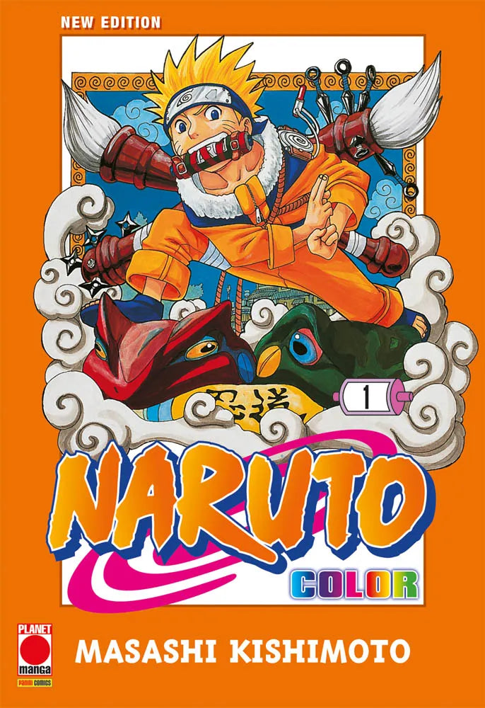 Copertina del primo volume del manga Naruto Color New Edition su sfondo arancione vivace, che mostra il protagonista con i capelli biondi dritti e una tuta arancione mentre salta tra nuvole stilizzate bianche con un rotolo ninja tra i denti.